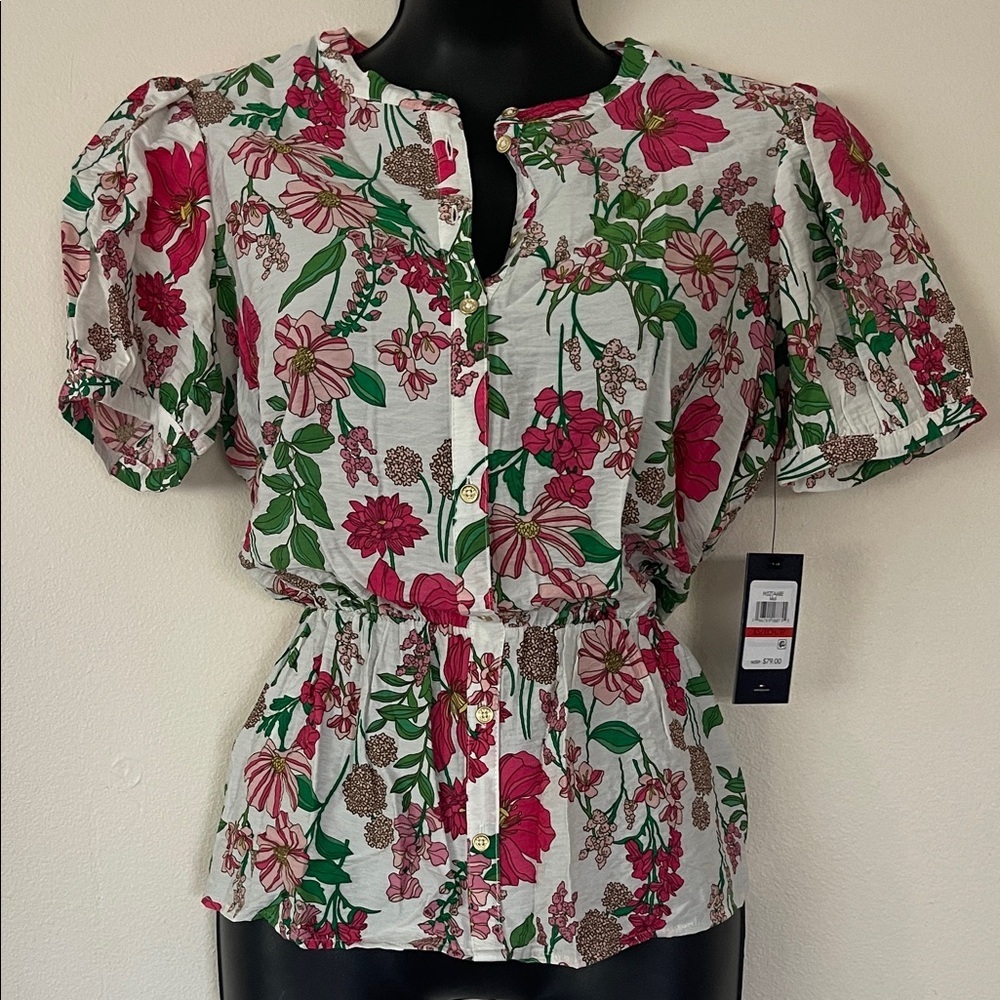 Tommy Hilfiger Floral Puff Sleeve Blouse - Pink and Green - Picture 5 of 12